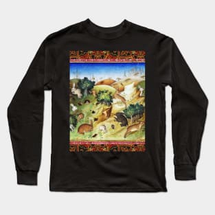 BOOK OF HUNTING,RABBITS IN WOODLAND LANDSCAPE, GREENERY Medieval Miniature Long Sleeve T-Shirt